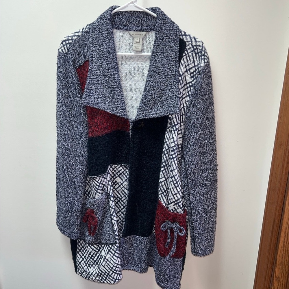 Multiples Patchwork Knit Navy Blue, White, Red Ca… - image 1